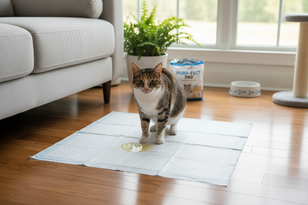 Genera una imagen de un gato utilizando el producto de sabanillas o pañales de entrenamiento para que pueda hacer sus necesidades en la sabanilla.